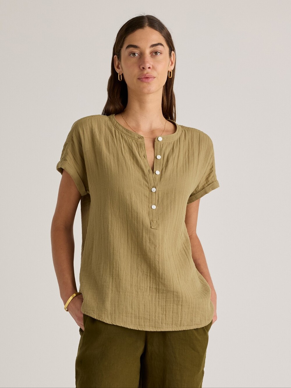 Quince Cotton Gauze Roll Sleeve Shirt, Artichoke, Large
